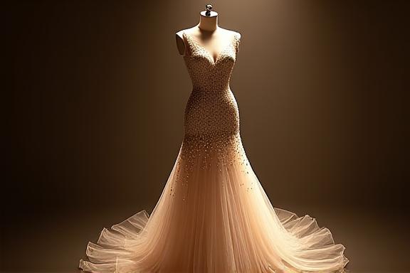 A breathtakingly beautiful evening gown, adorned with delicate lace details, suitable for a highly anticipated special occasion or gala event.